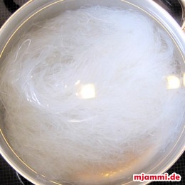 Βάζουμε τα νούντλς σελοφάν σε μια κατσαρόλα με βραστό νερό για 5 λεπτά να μαλακώσουν και τα στραγγίζουμε. 