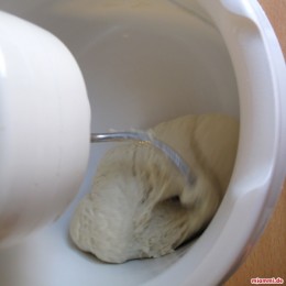 Dann alle Zutaten für den Teig in die Küchenmaschine geben und 5 Minuten durchkneten.