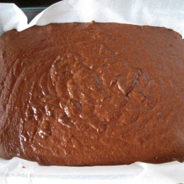 Die fertige Masse in eine mit Backpapier ausgekleidete Kuchenform fließen lassen.