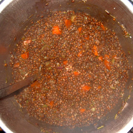 Das ganze 30-45 Minuten kochen (im Schnellkochtopf 5 min. auf Stufe 2). Probieren, on die Linsen weich sind, wenn nicht, noch ein paar Minuten weiterkochen. Die Mischung mit Steinpilzpulver und Salz abschmecken und, falls nötig, mit Maisstärke abbinden. 