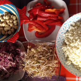 Blumenkohl in kleine Stücke brechen und in der Küchenmaschin mit S-Messer so klein rebeln, dass man es als Reis verwernden kann. Paprika, Zuckererbsen, Mungbohnensprossen und Chicoree waschen und kleinschneiden.